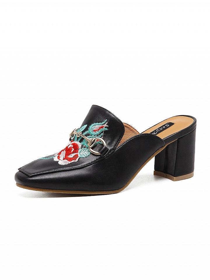 Choies Black Embroidery Floral Buckle Block Heel Slipper Mules