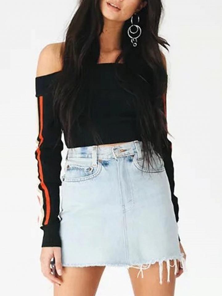 Choies Black Off Shoulder Striped Sleeve Crop Knit Sweater