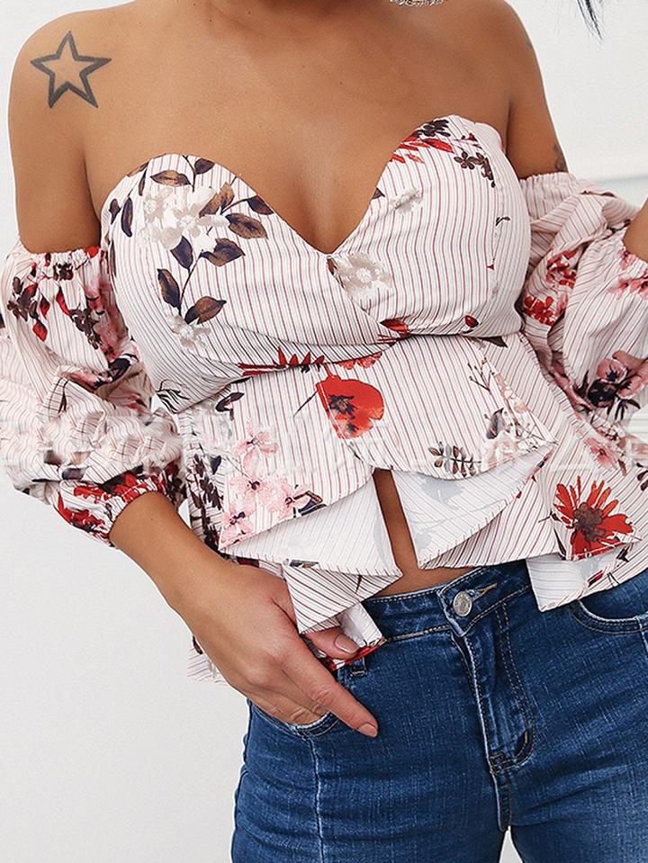 Choies Pink Stripe Off Shoulder Floral Print Chic Women Crop Blouse