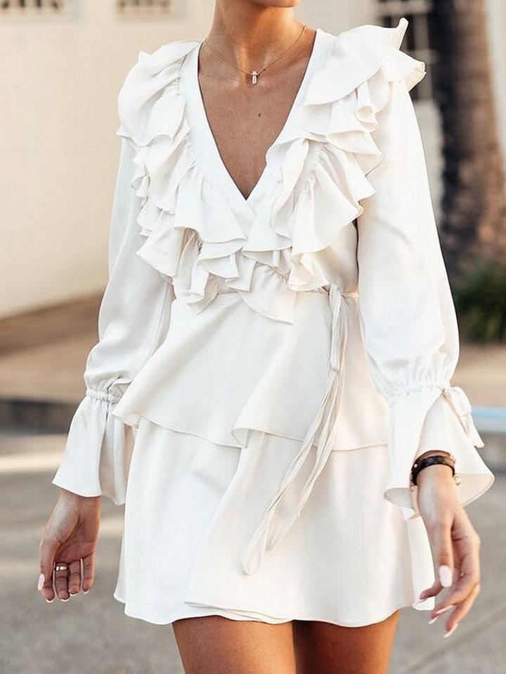 Choies White V-neck Ruffle Trim Long Sleeve Chic Women Mini Dress
