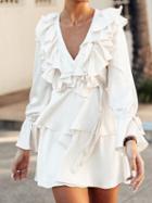 Choies White V-neck Ruffle Trim Long Sleeve Chic Women Mini Dress