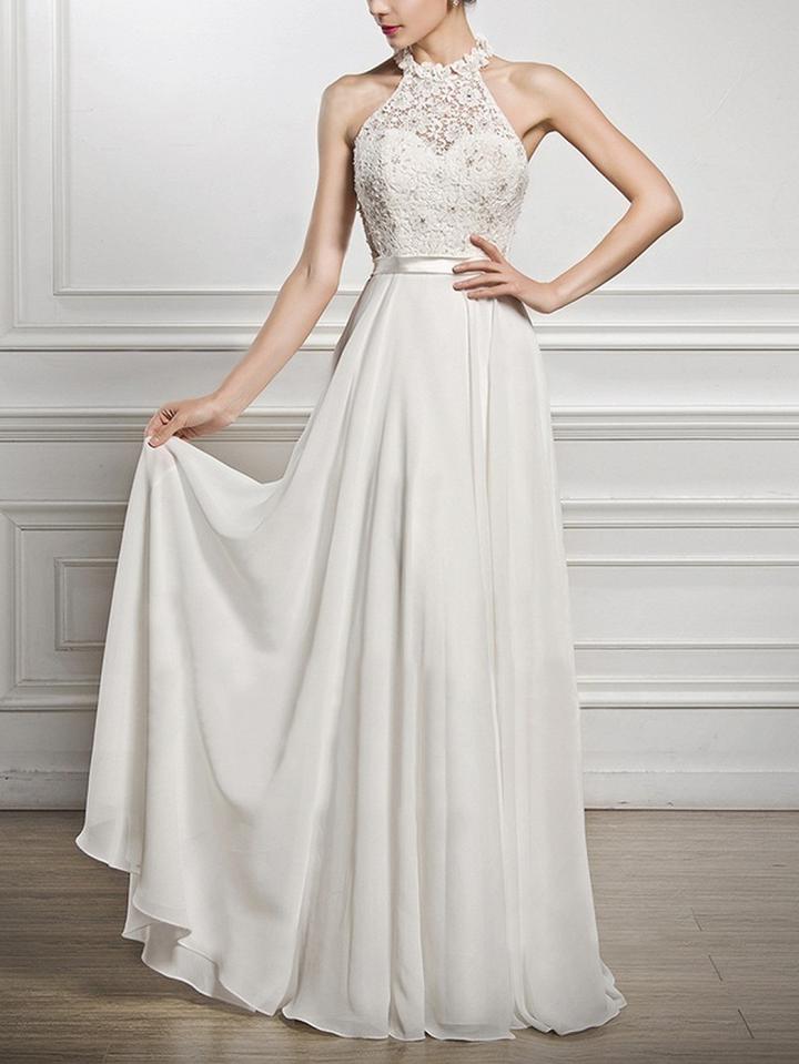 Choies White Chiffon Halter Lace Panel Sleeveless Chic Women Maxi Dress