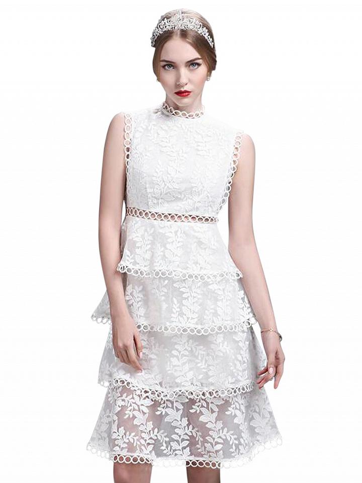 Choies White Cut Out Detail Sleeveless Layered Sheer Lace Dress