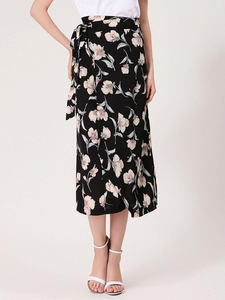 Choies Black Floral Print Tie Waist Wrap Midi Skirt