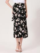 Choies Black Floral Print Tie Waist Wrap Midi Skirt