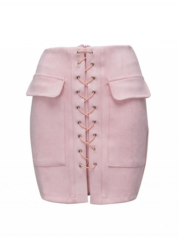 Choies Pink Faux Suede Lace Up Front Pencil Mini Skirt
