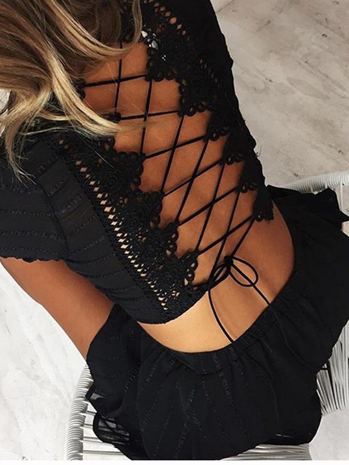Choies Black Lace Up Open Back Top And High Waist Shorts