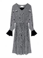 Choies Black V-neck Stripe And Crane Print Belle Sleeve Pleated Dress
