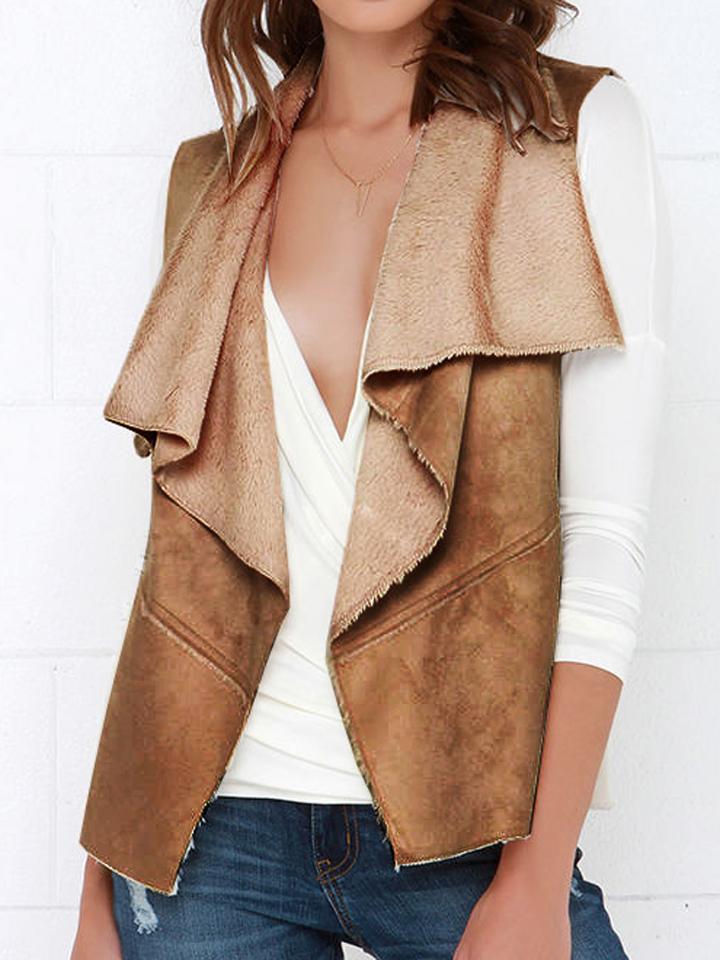 Choies Khaki Suedette Drape Front Plain Waistcoat