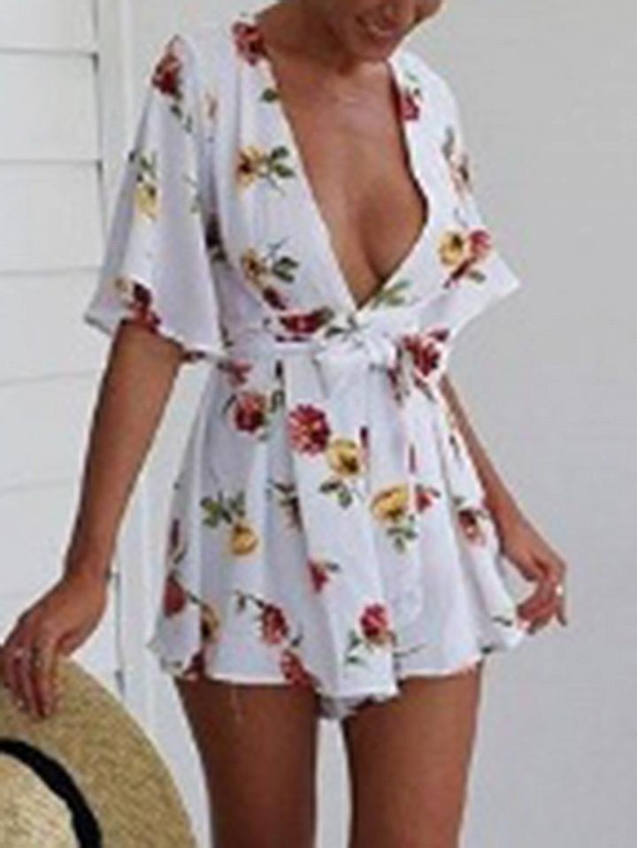 Choies White Plunge Floral Print Tie Front Mini Dress