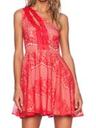 Choies Red Eyelash Lace One Shoulder Cut Out High Waist Skater Dress