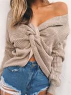 Choies Khaki V-neck Knot Front Long Sleeve Chic Women Knit Sweater
