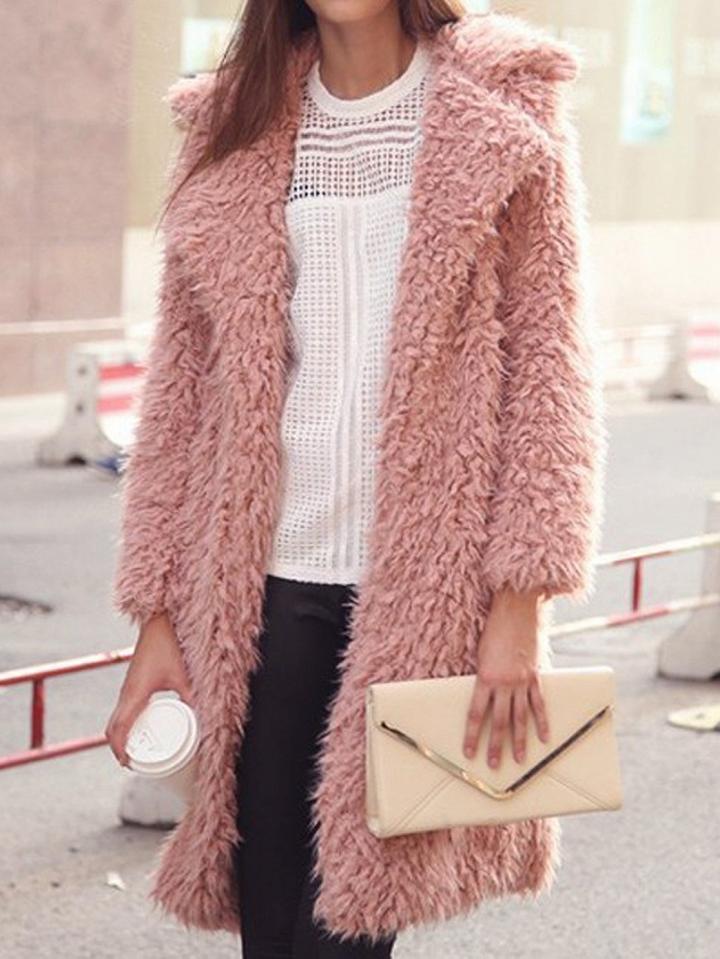 Choies Pink Lapel Faux Shearling Fluffy Longline Coat