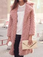 Choies Pink Lapel Faux Shearling Fluffy Longline Coat