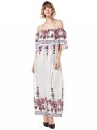 Choies White Off Shoulder Floral Print Tassel Trim Layer Maxi Dress