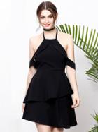 Choies Black Halter Tie Neck Ruffle Trim Open Back Layered Mini Dress