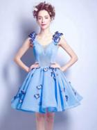 Choies Blue V-neck 3d Butterfly Embellished Lace Up Back Mesh Skater Dress