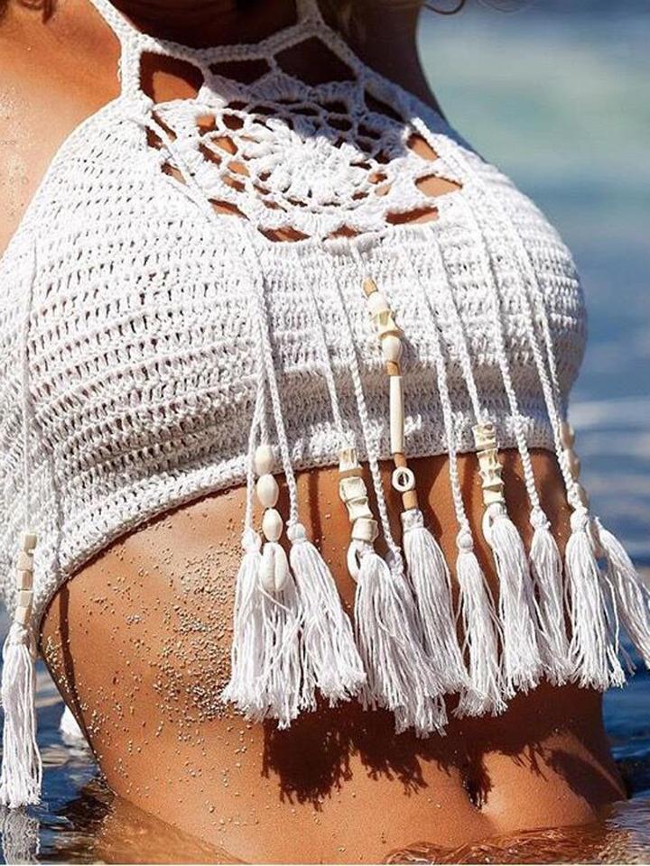 Choies White Halter Crochet Bead Tasseled Crop Top