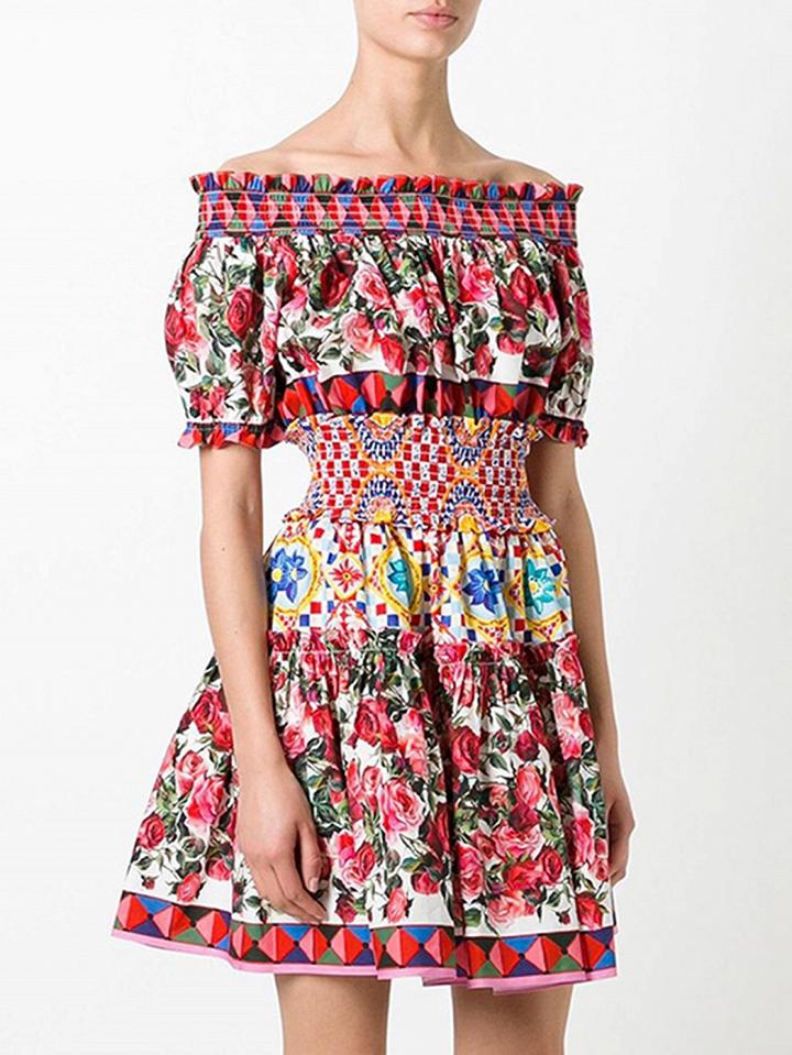 Choies Polychrome Off Shoulder Floral Print Skater Dress