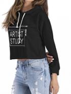 Choies Black Cotton Letter Print Long Sleeve Chic Women Crop Hoodie