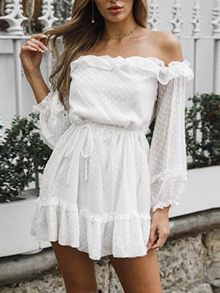 Choies White Chiffon Off Shoulder Polka Dot Puff Sleeve Chic Women Mini Dress