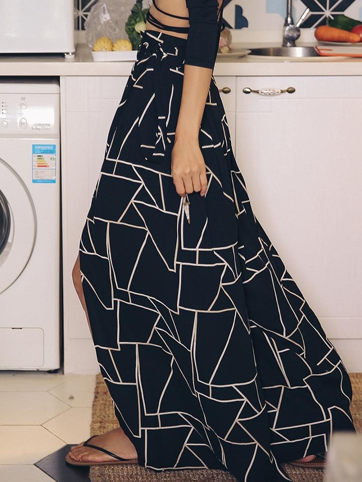 Choies Black Chiffon High Waist Geo Pattern Print Chic Women Wide Leg Pants
