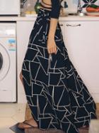Choies Black Chiffon High Waist Geo Pattern Print Chic Women Wide Leg Pants