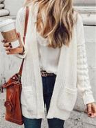 Choies White Open Front Pocket Detail Long Sleeve Knit Cardigan