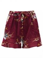 Choies Dark Red Floral Print Tie Waist Frill Hem Shorts
