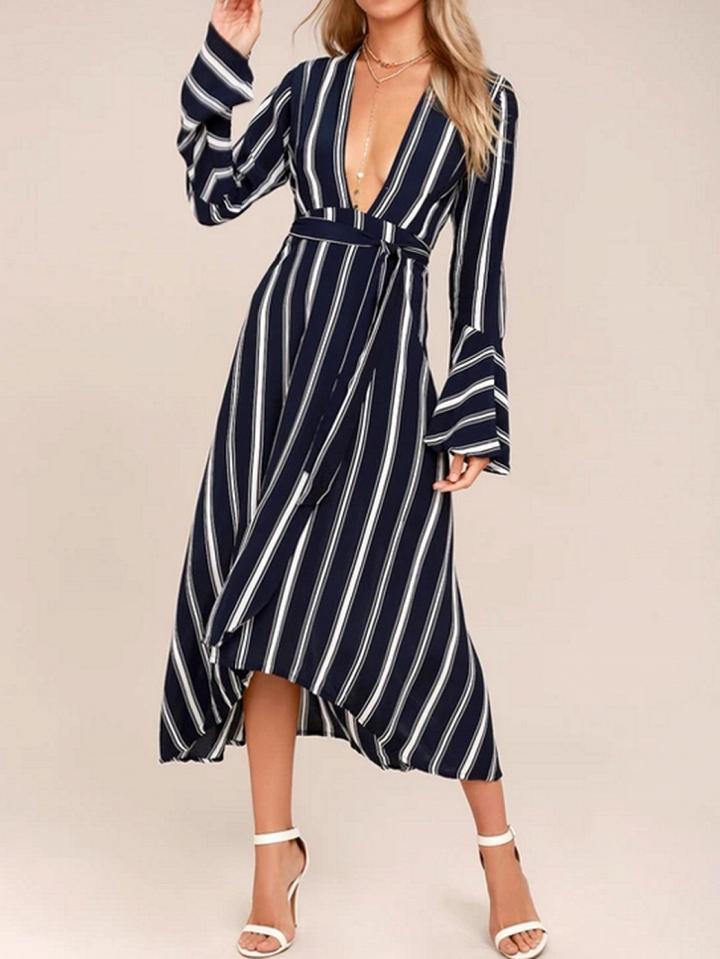 Choies Monochrome Stripe Plunge Tie Waist Flare Sleeve Midi Dress