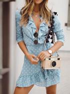 Choies Light Blue V-neck Polka Dot Print Long Sleeve Chic Women Mini Dress