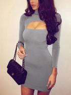 Choies Gray Cut Out Front Long Sleeve Bodycon Mini Dress