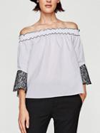 Choies White Off Shoulder Contrast Lace Flare Sleeve Blouse