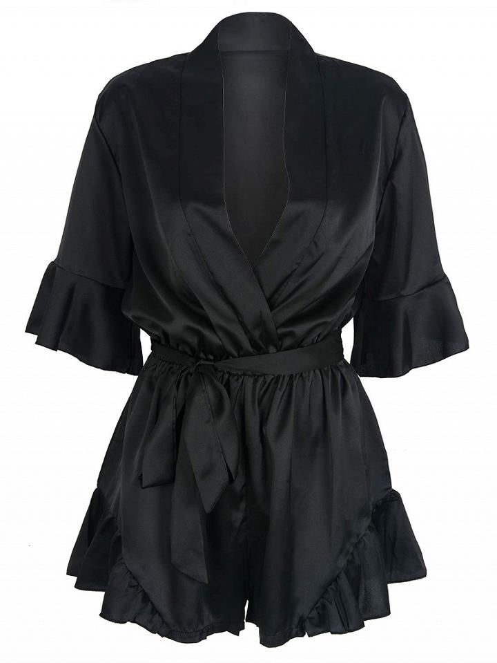 Choies Black Wrap V-neck Ruffle Sleeve Tie Waist Sateen Romper Playsuit