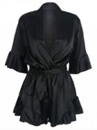 Choies Black Wrap V-neck Ruffle Sleeve Tie Waist Sateen Romper Playsuit