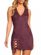 Choies Burgundy Faux Suede V-neck Lace Up Front Bodycon Mini Dress