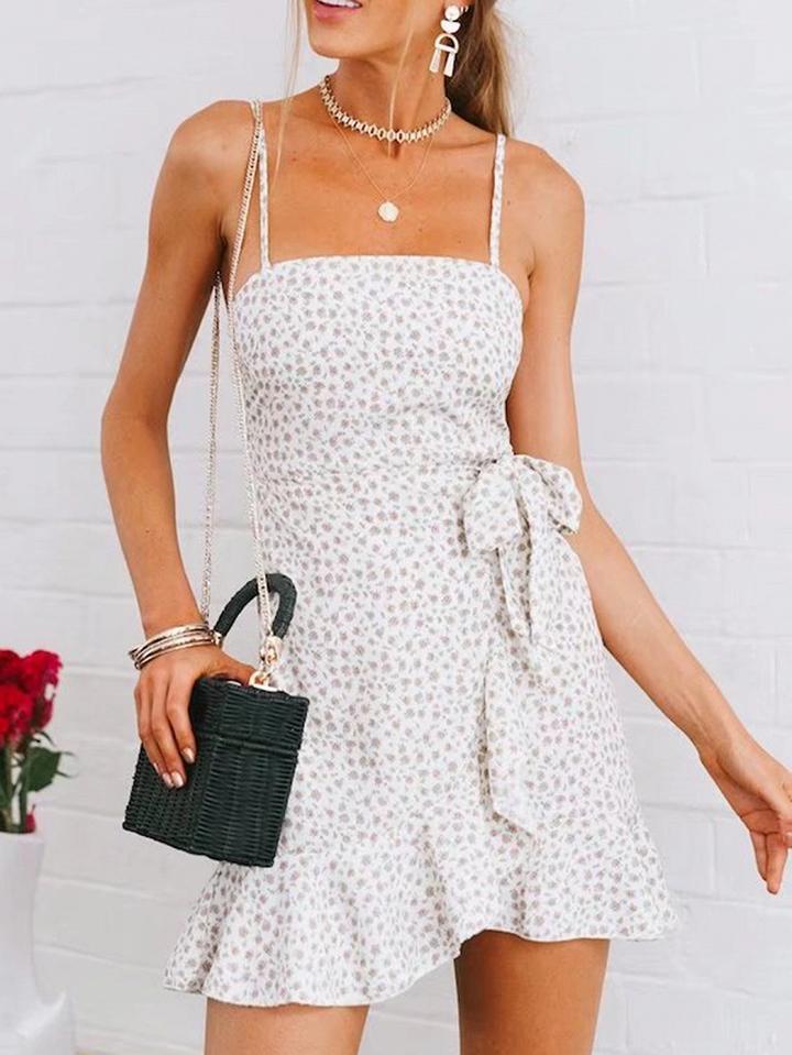 Choies Pink Floral Print Tie Waist Ruffle Hem Cami Mini Dress