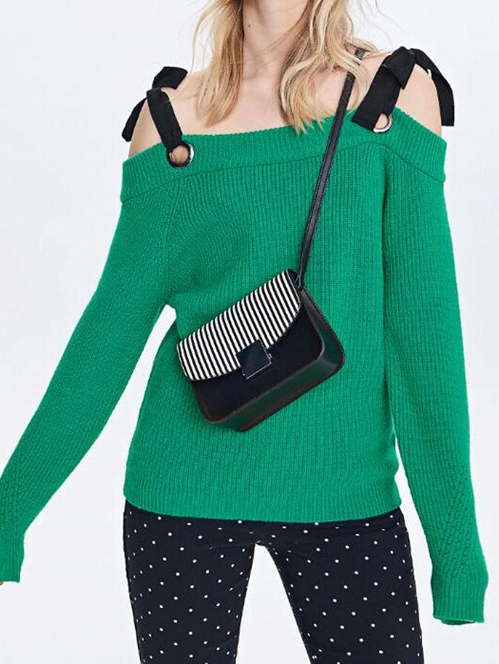 Choies Green Cold Shoulder Tie Detail Long Sleeve Chic Women Knit Sweater