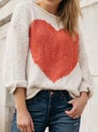 Choies Beige Heart Print Long Sleeve Chic Women Knit Sweater