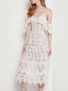 Choies White V-neck Cold Shoulder Spaghetti Strap Midi Lace Dress