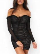 Choies Black Off Shoulder Lace Up Frill Ruched Mesh Bodycon Dress