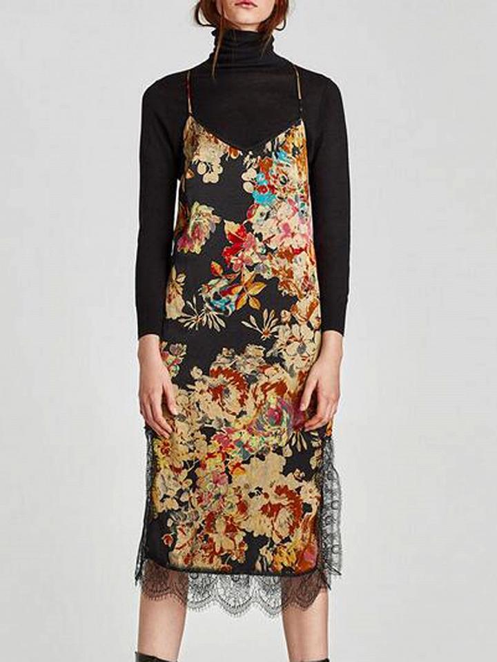 Choies Polychrome Spaghetti Strap Plunge Lace Panel Floral Detail Dress