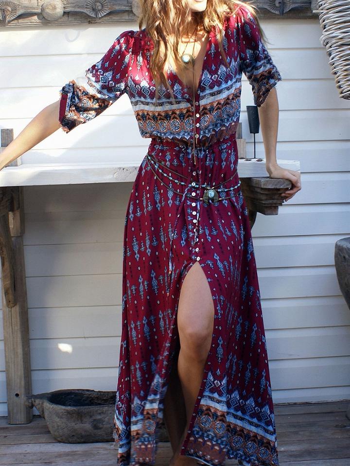 Choies Burgundy Geo-tribal Print Button Placket 3/4 Sleeve Maxi Dress