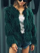 Choies Dark Green Collarless Open Front Fluffy Faux Fur Coat