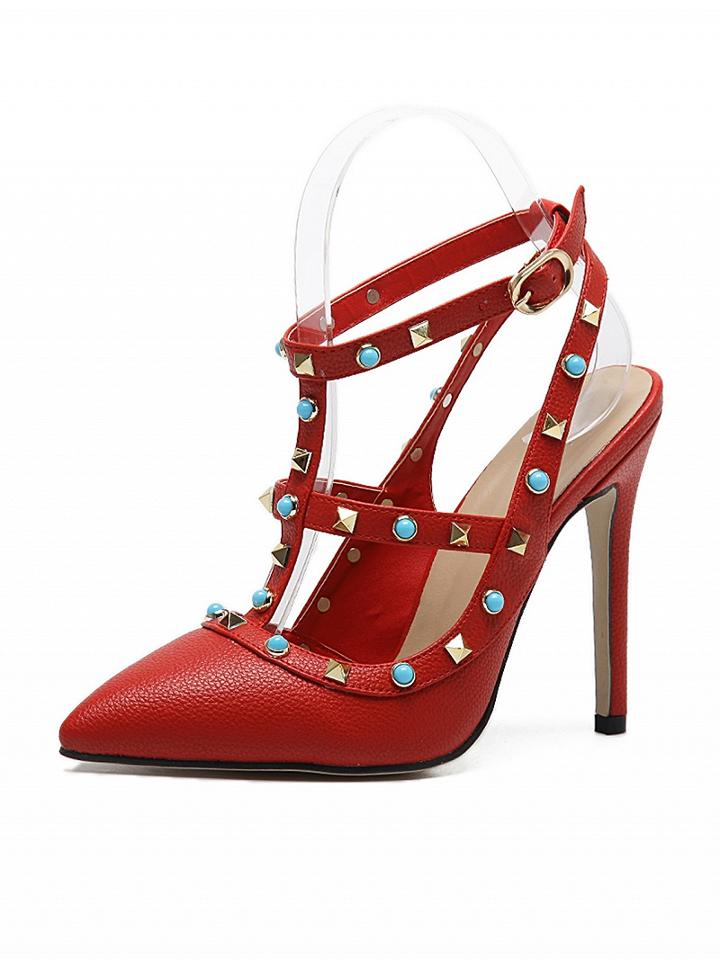 Choies Red Stud And Beaded Strapy Pointed Heeled Shoes