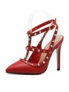 Choies Red Stud And Beaded Strapy Pointed Heeled Shoes