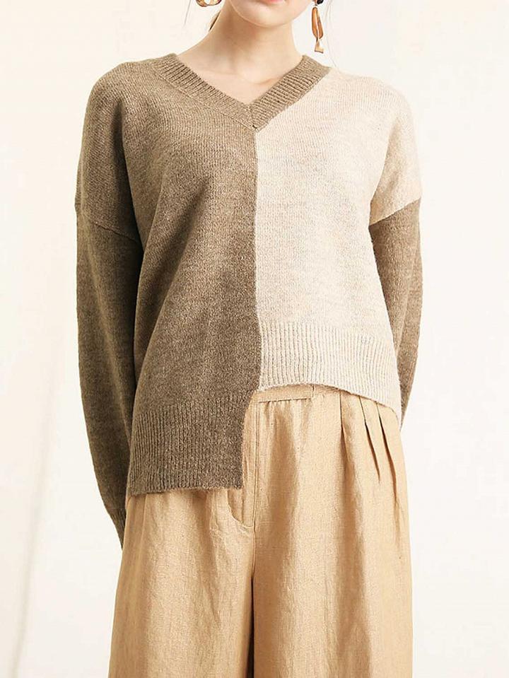 Choies Khaki Contrast V-neck Asymmetric Hem Long Sleeve Knit Sweater