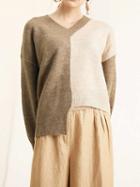 Choies Khaki Contrast V-neck Asymmetric Hem Long Sleeve Knit Sweater
