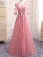 Choies Pink Sheer Mesh Embroidery Lace Up Back Tulle Maxi Prom Dress