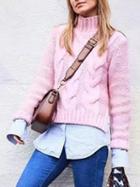 Choies Pink High Neck Cable Chunky Knit Sweater